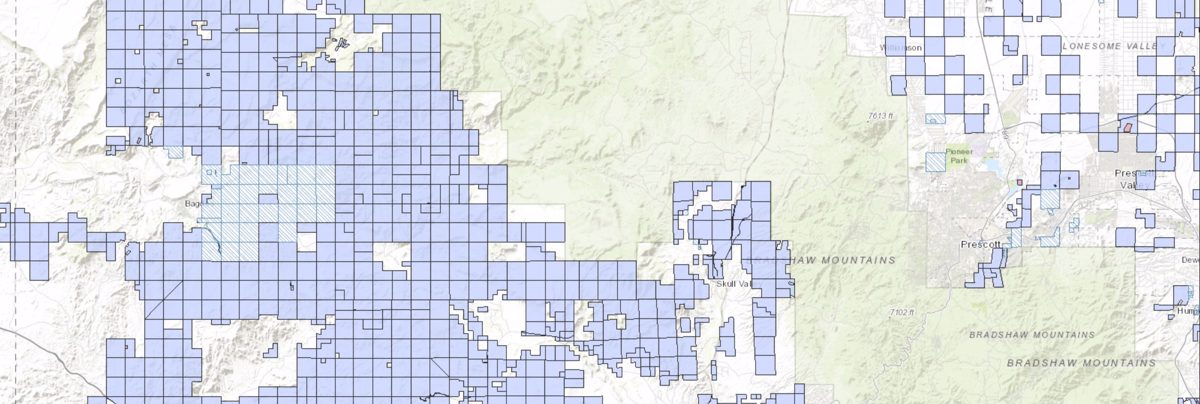 A color coded map of Arizona State Trust Land showing the showing the approximate area of land sold for the Bagdad Mine expansion which is roughly the size of Prescott.