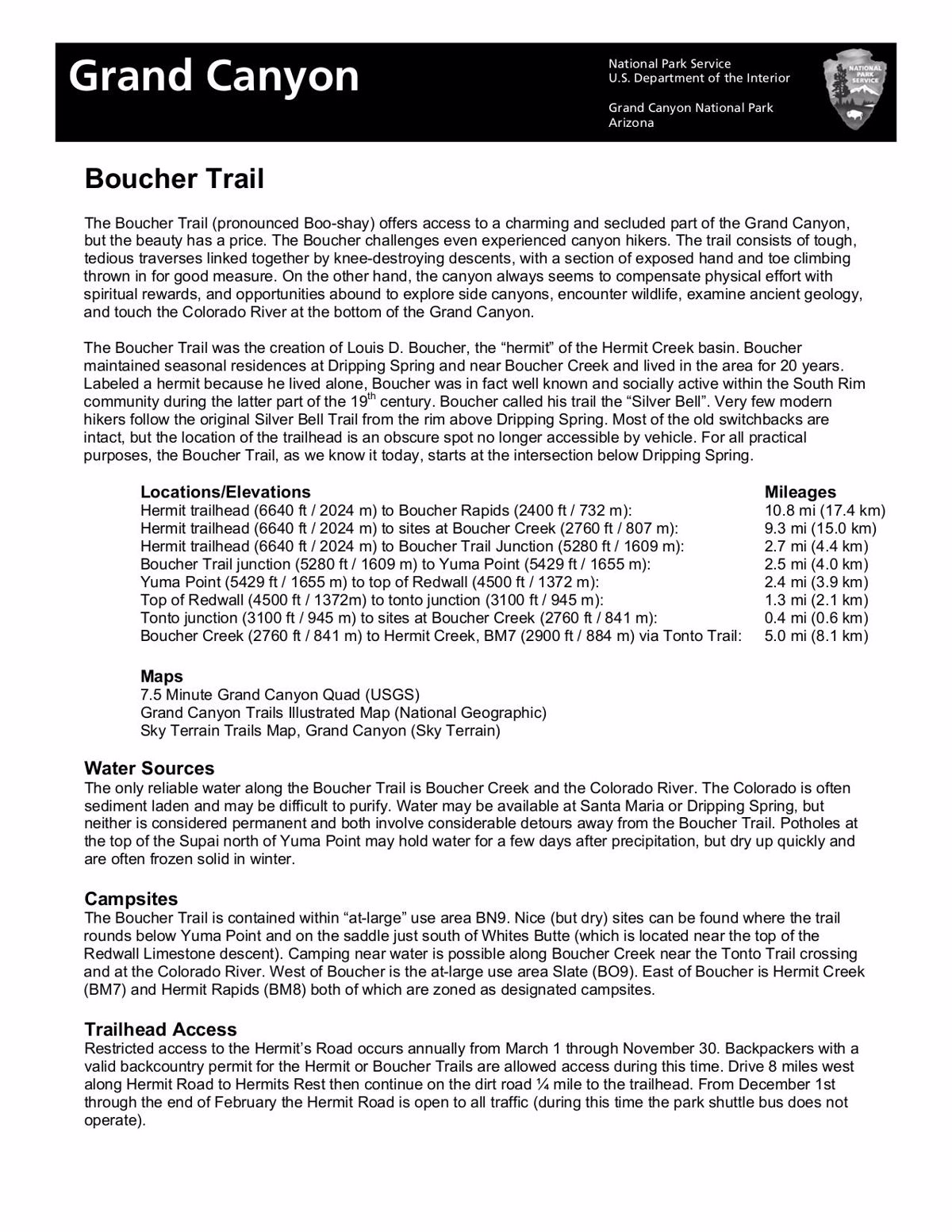 Grand Canyon National Park - Boucher Trail PDF Cover Page