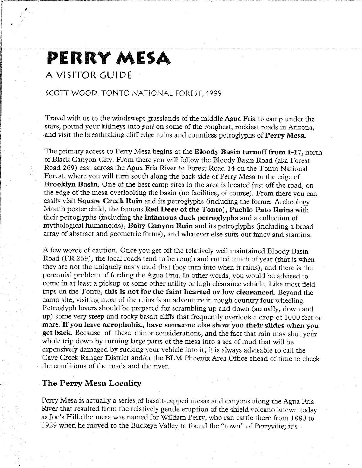 Perry Mesa, A Visitor Guide, Scott Wood, Tonto National Forest, 1999 Cover Page