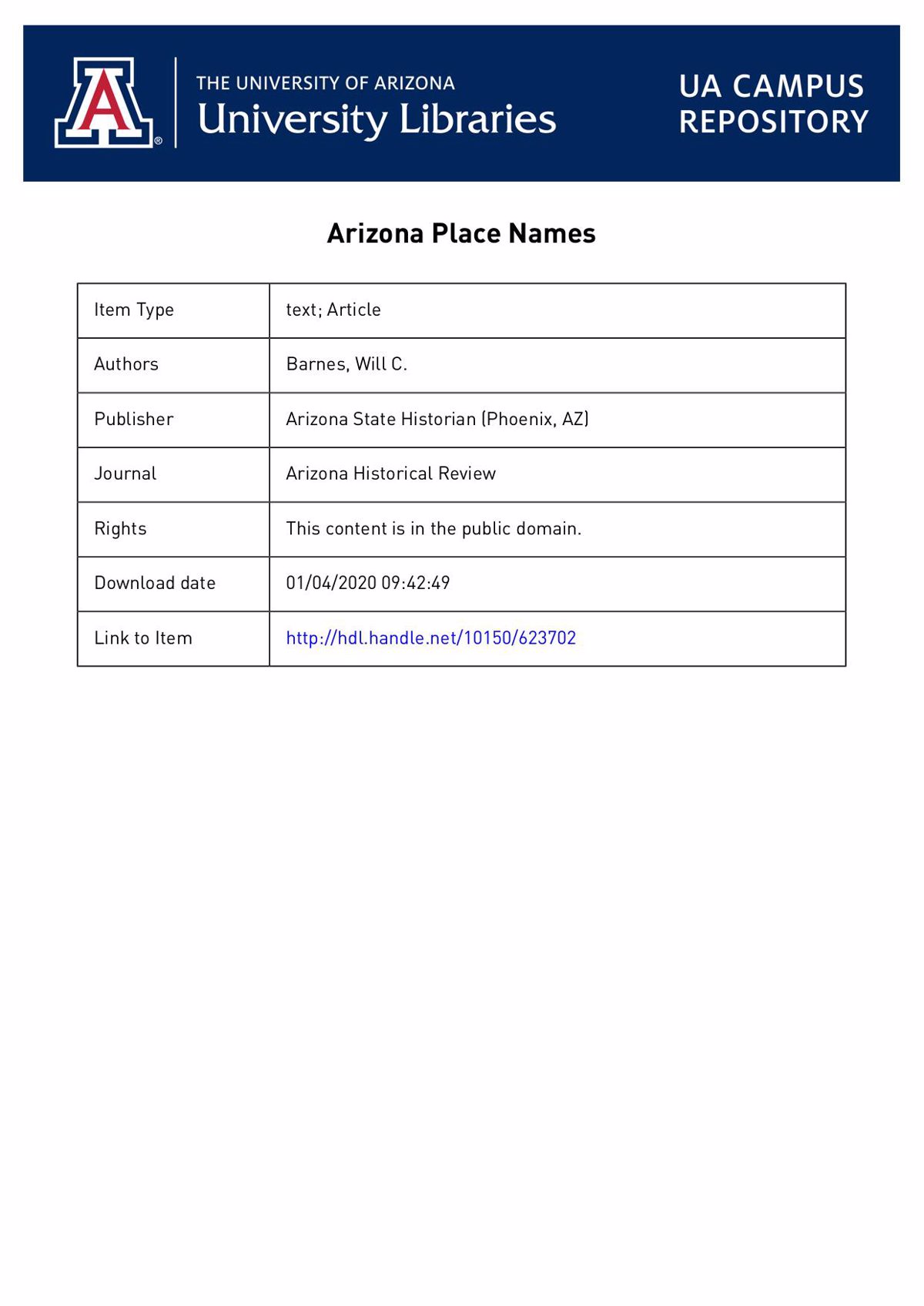 Arizona Place Names - Will C. Barnes Cover Page
