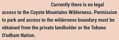 BLM's Coyote Mountains Wilderness Website - No Legal Access