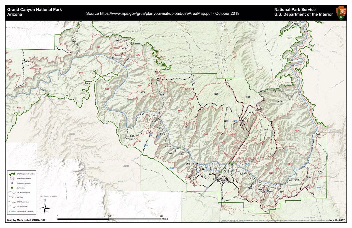 Grand Canyon NPS Trail PDFs and Backcountry Use Areas Map - October 2019 Cover Page