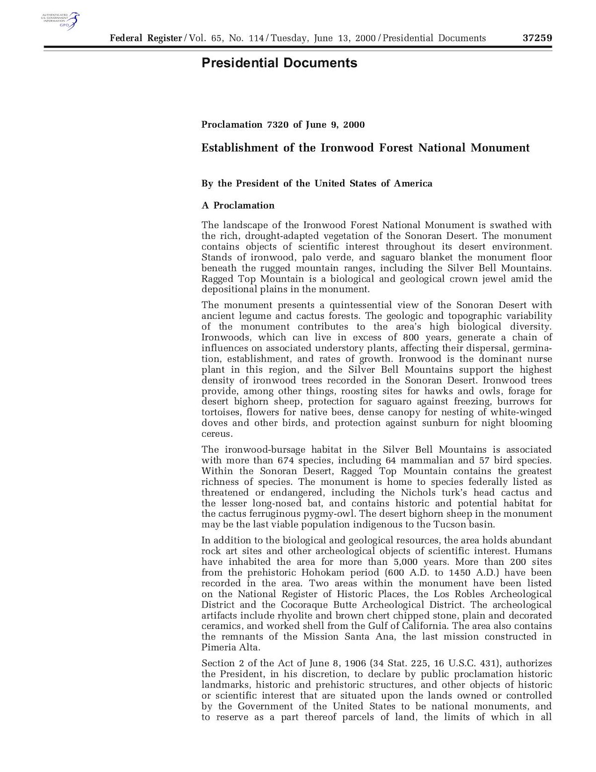 Presidential Proclamation 7320 Establishing Ironwood Forest National Monument Cover Page