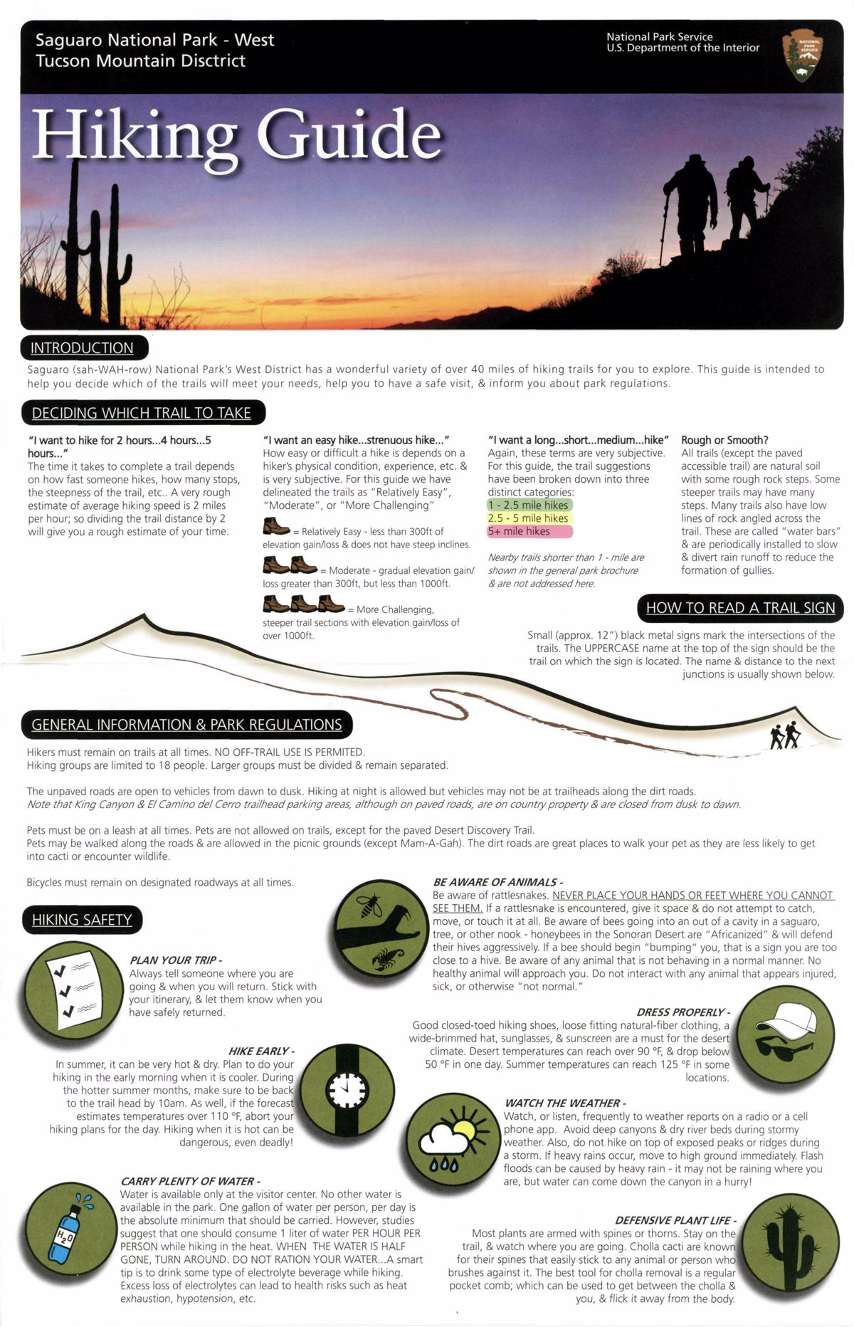 Saguaro National Park - West - Tucson Mountain District - Hiking Guide - 2019 Cover Page