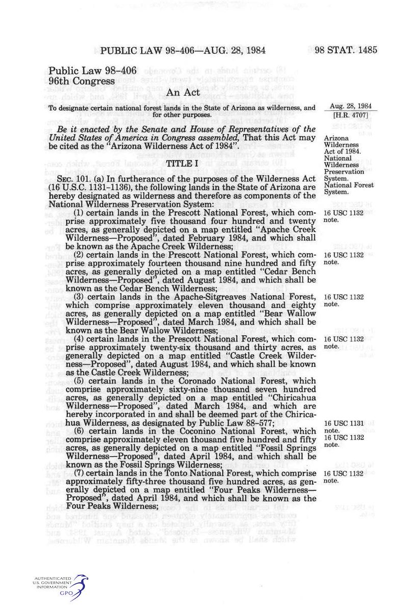 1st Page from the Arizona Wilderness Act of 1984.