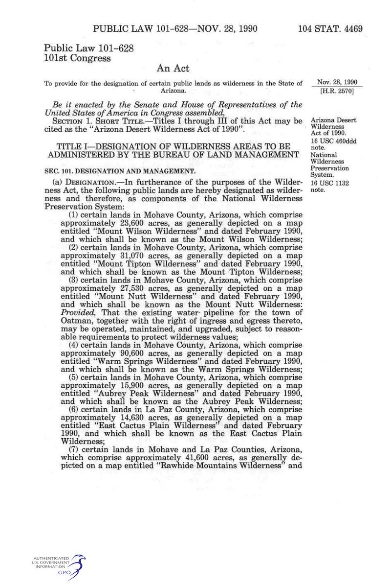 First Page of Morris Udall's Arizona Desert Wilderness Act of 1990