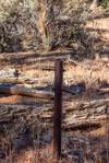 A short rusted metal post with rusted bolts sticking out of opposite side - an empty sign holder...