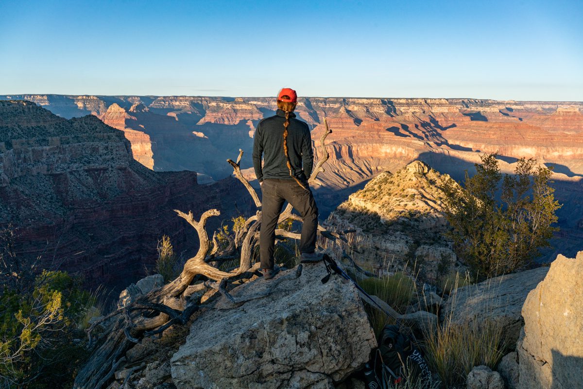 A person stands on shaded rocks in front of a gnarled dead tree with light on the ridges and folds of the opposite side of the Grand Canyon.