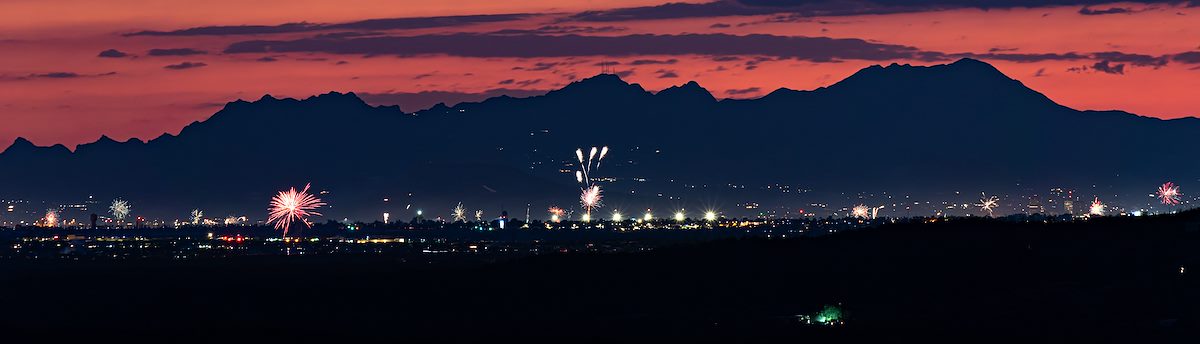2022 July Fireworks over Tucson with the Tucson Mountains in the Background