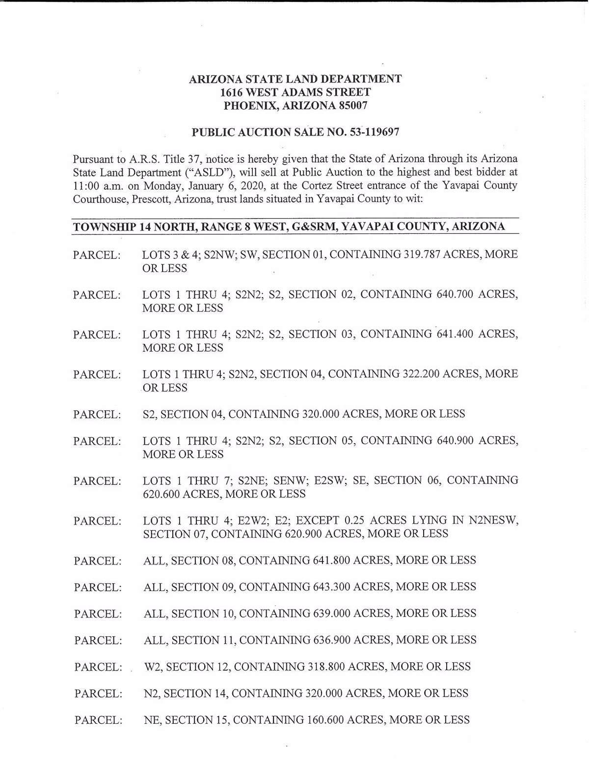 Arizona State Land Department Public Auction Sale No. 53-119697 Cover Page