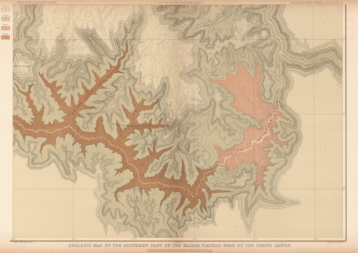 Elevation contour lines and colors marking geologic areas show the shape of the Grand Canyon.