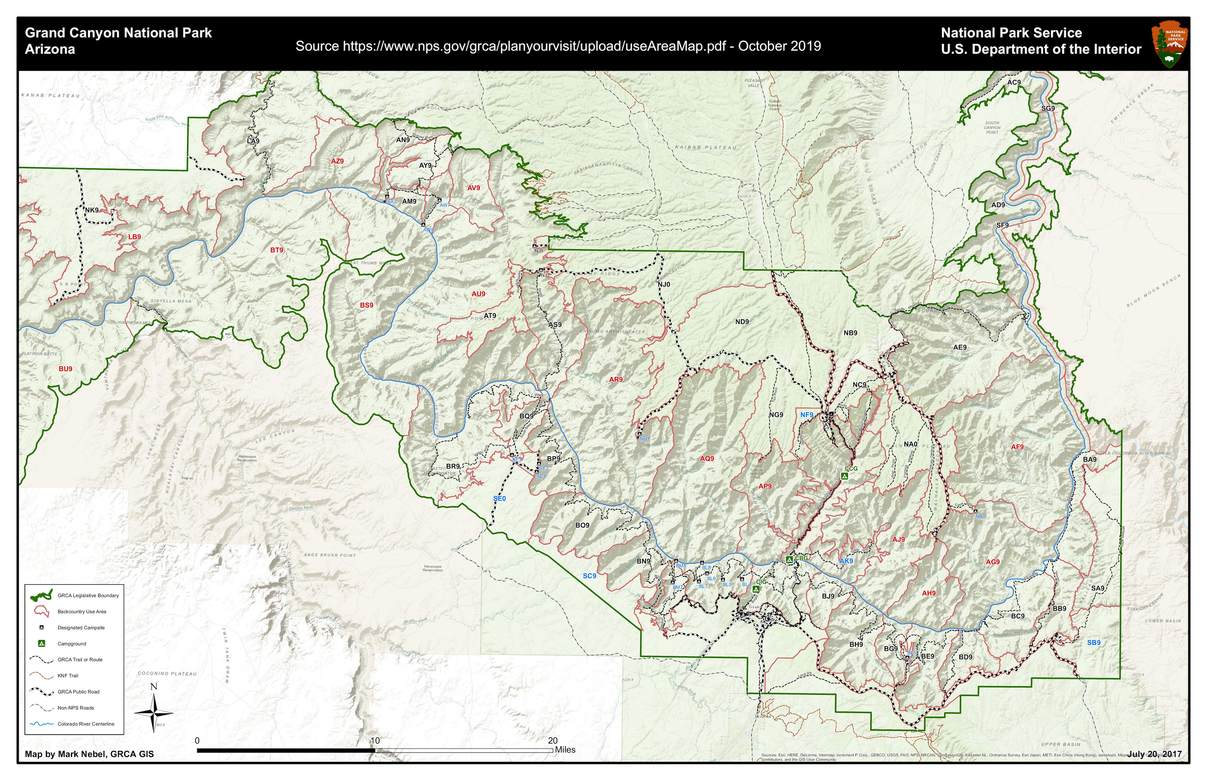 Grand Canyon NPS Trail PDFs and Backcountry Use Areas Map - October 2019