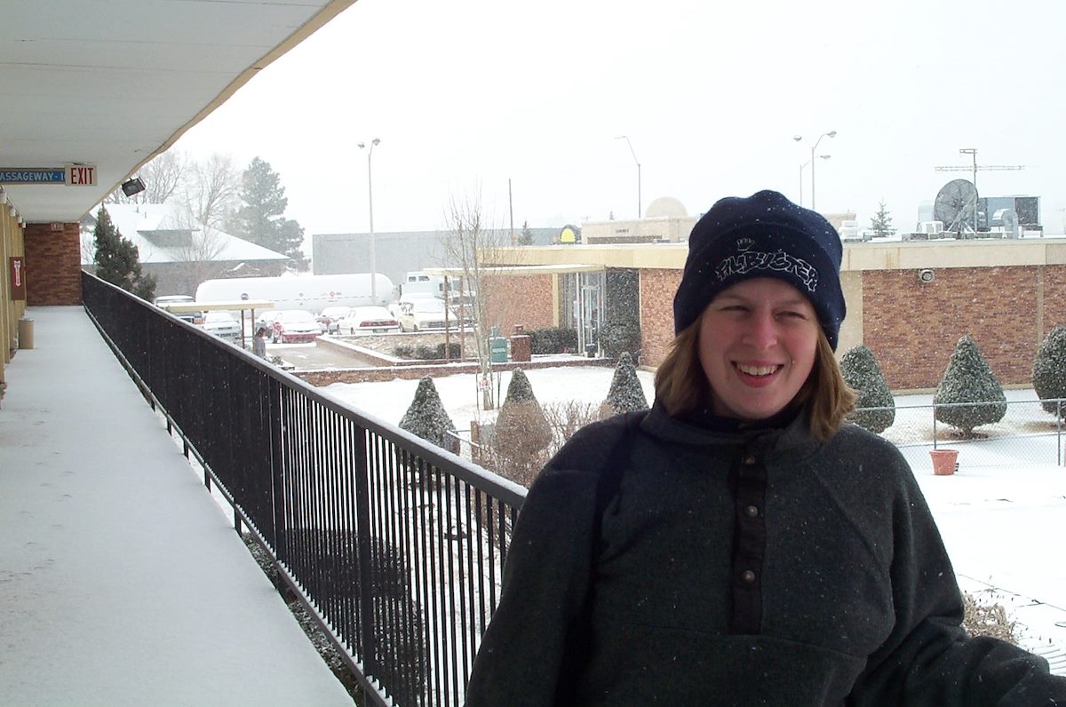 2002 March Alison outside our Hotel Room in Flagstaff