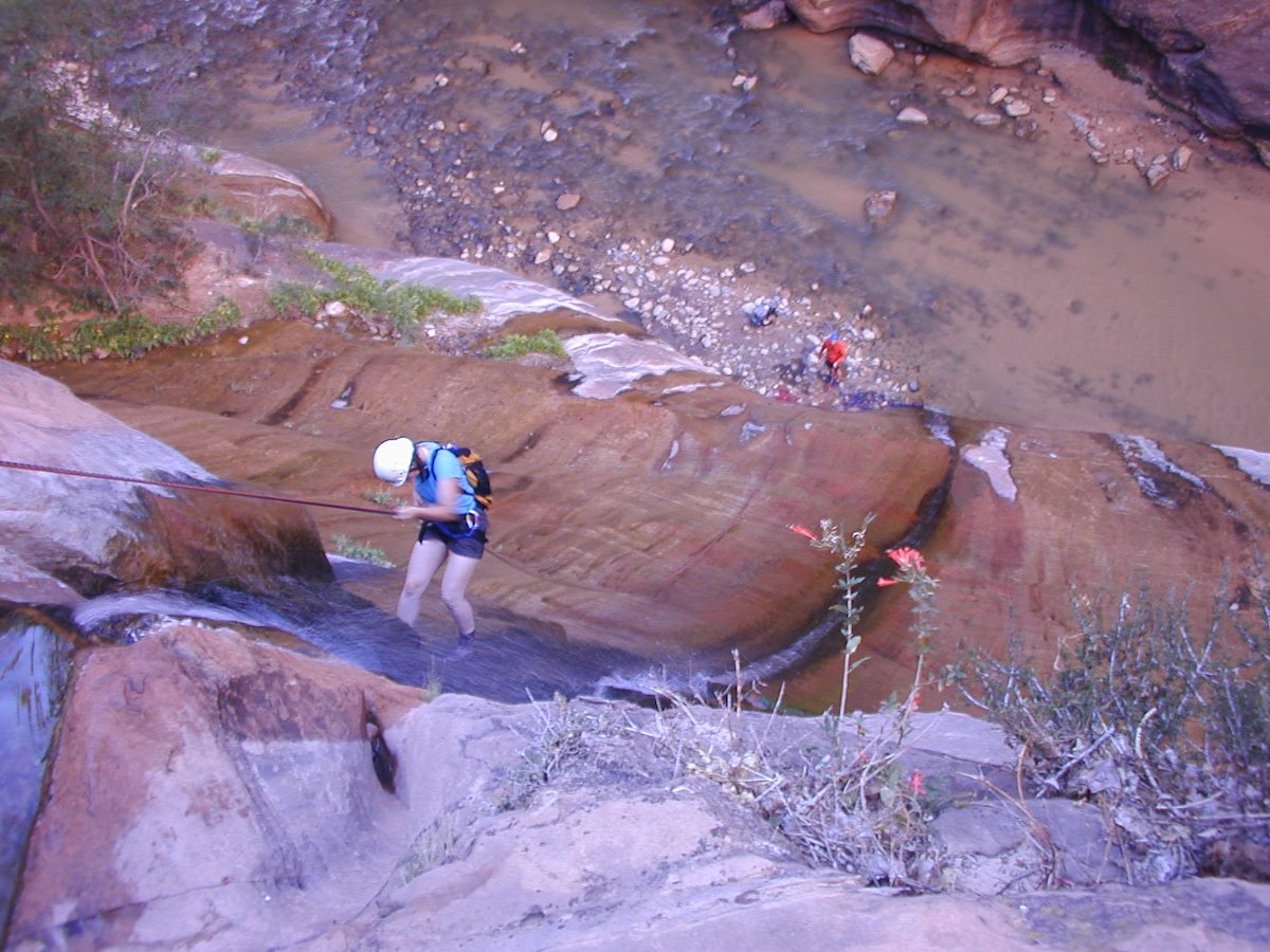 2004 August Lara Rappelling out into the Narrows