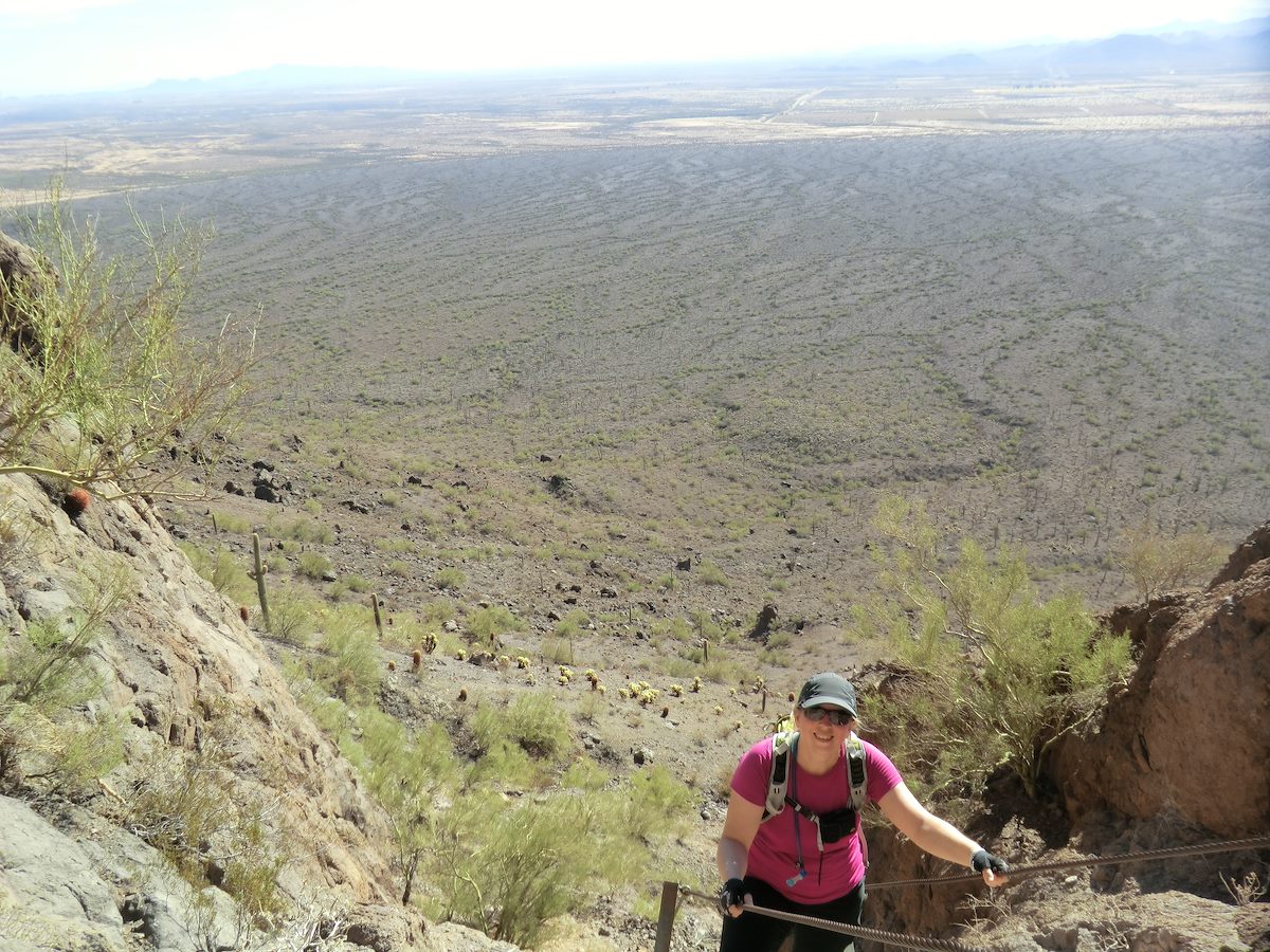 2012 December Alison at the top of the first steep cable section on the Sunset Vista Trail