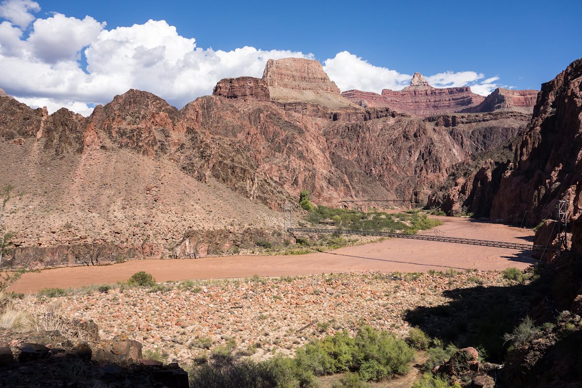 2014 October Looking back at the Silver Suspension Bridge and Kaibab Suspension Bridge from the River Trail