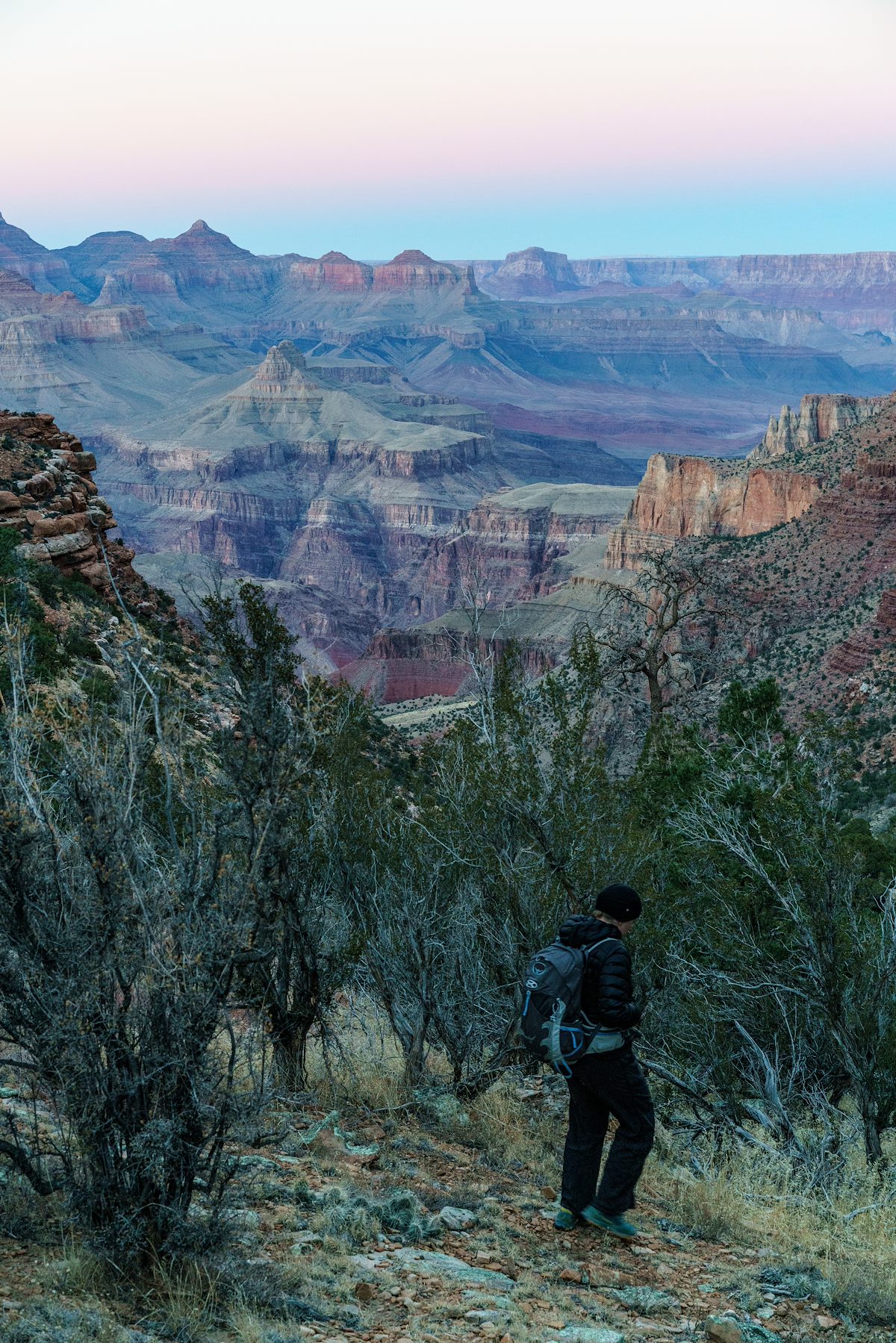 2017 December Alison descending back to the New Hance Trail after sunset