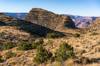 The peak of Comanche point rises above the skyline with no trail in sight and the colors of the Grand Canyon in the distance.